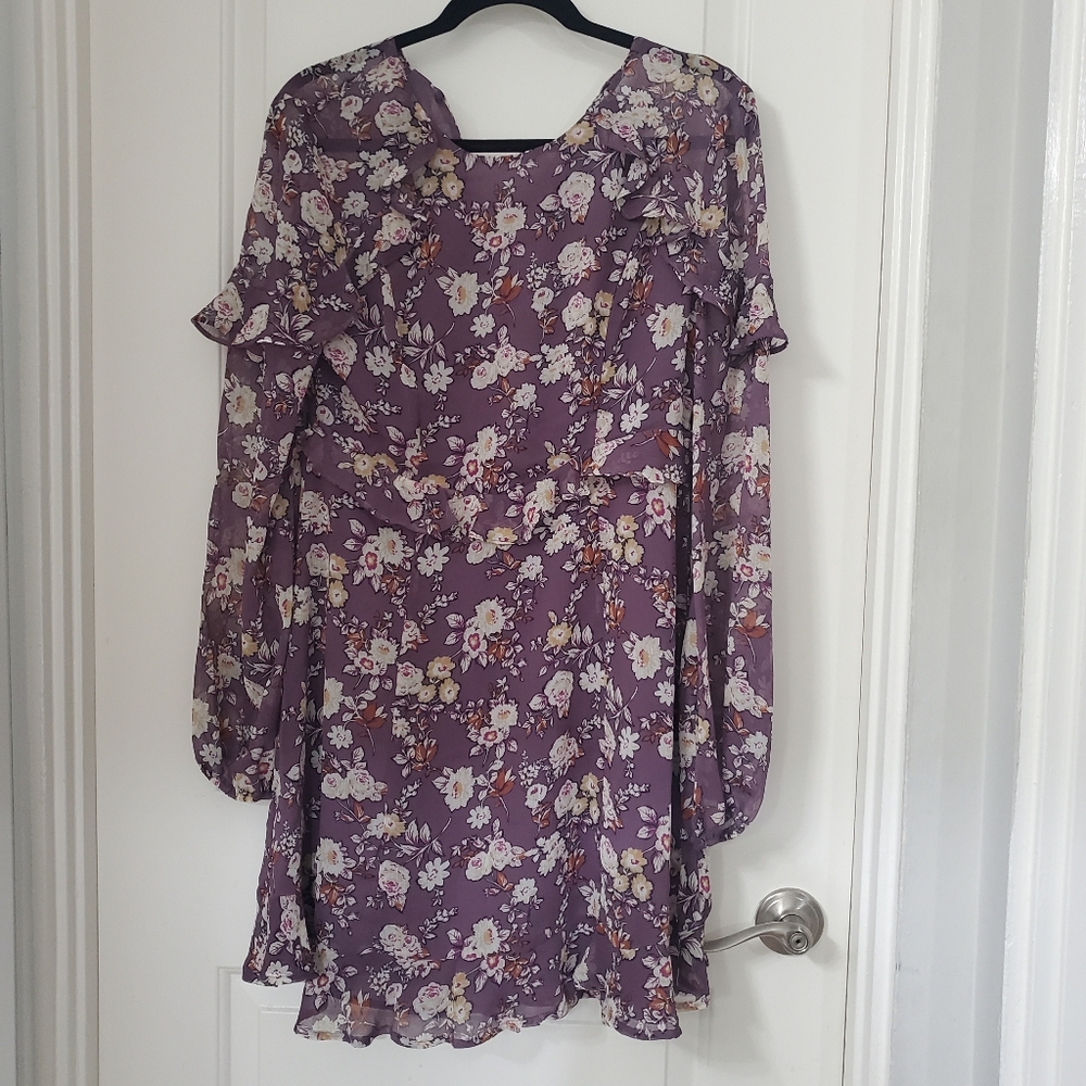 NWT ASTR L Purple Floral Dress with Ruffle Details